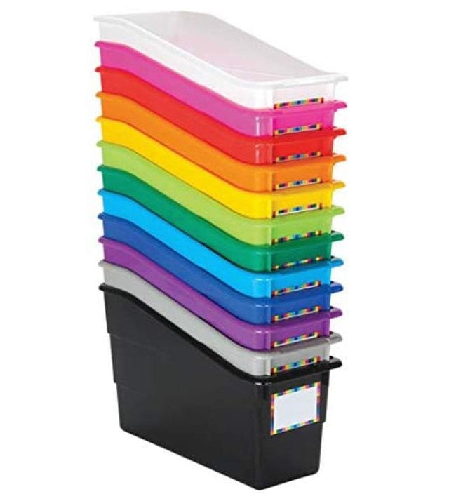 12 book bins in a variety of colors with labels attached