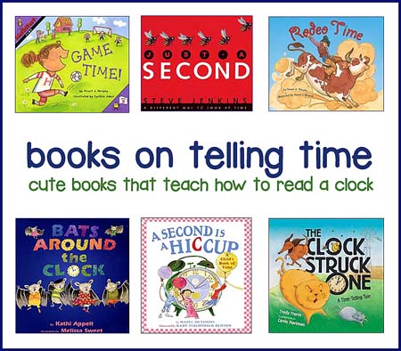 Several children's book covers are shown. The books are all on telling time.