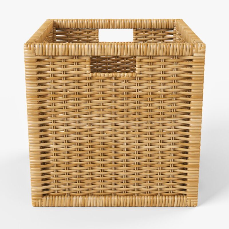 A wicker basket with handles is shown, as an example of IKEA classroom supplies.