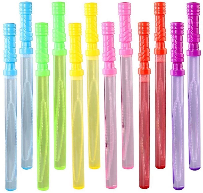 Bubble wand tubes in blue, green, yellow, pink, red, and purple