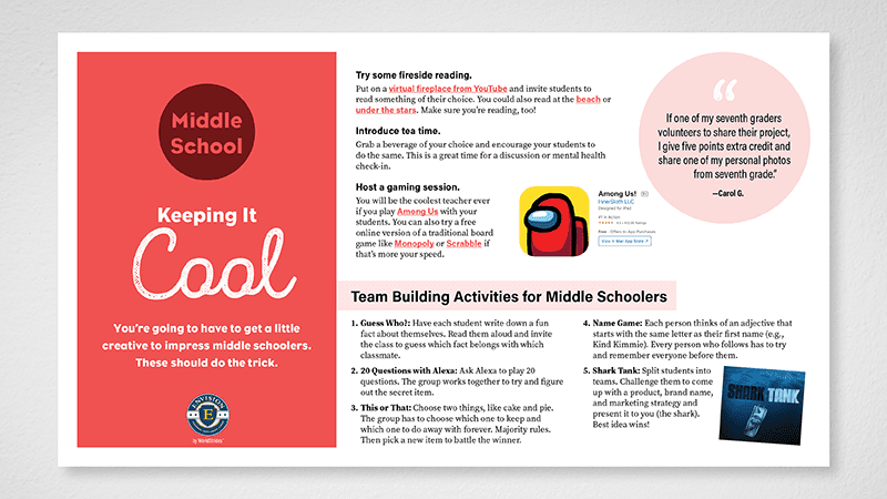 Flat lay of middle school page of Building Community in the Classroom guide