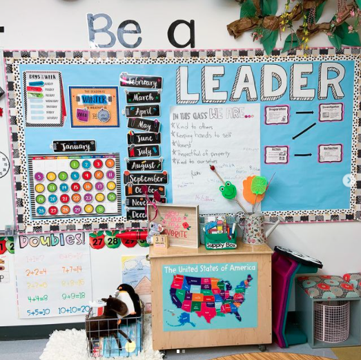 Blue bulletin board of a kindergarten classroom