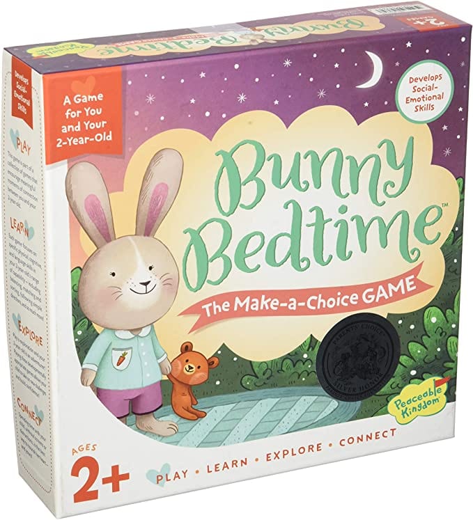Box for Bunny Bedtime Make-a-Choice game with a bunny in pajamas with a teddy bear- best board games for preschoolers