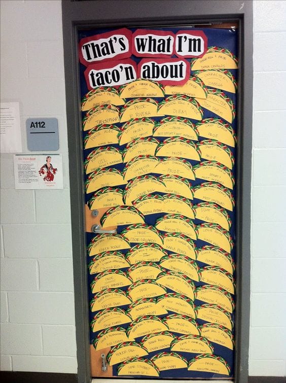 Door decoration of tacos with students names on them, and words saying "That's what I'm taco'n about"