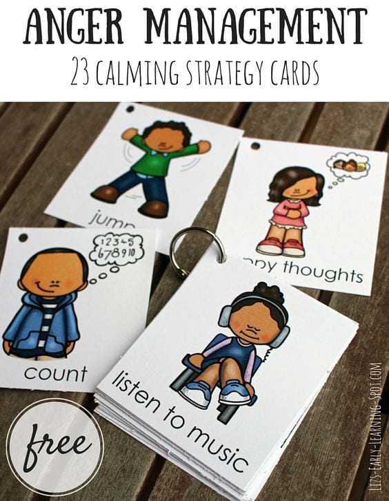 Calming strategy cards with pictures of children and suggestions like listen to music, count, think happy thoughts and jump, as an example of social-emotional activities