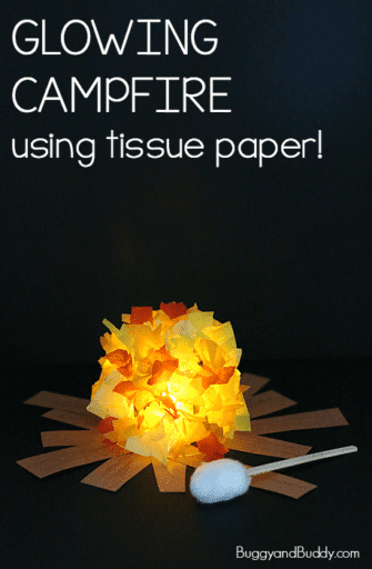 Pretend campfire with electric tea lights and tissue paper