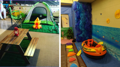 Camping classroom theme examples: tent with picnic table and boat with stepping stones in a classroom