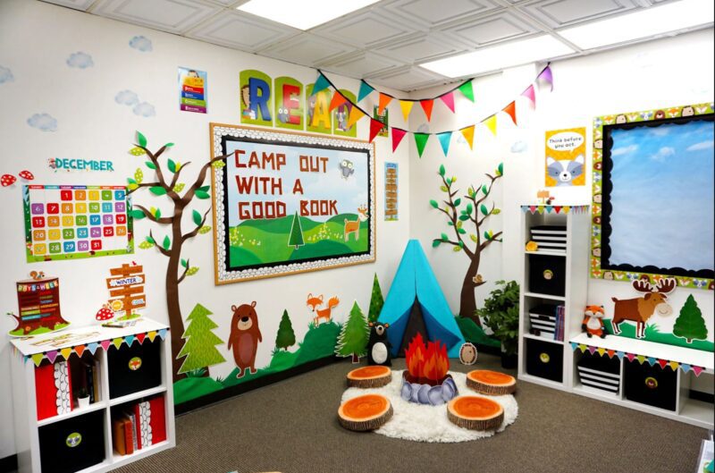 Reading nook with pretend tent and campfire, as an example of the best classroom reading nooks