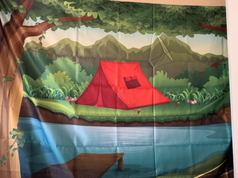 A camping tapestry shows a lake with mountains in the background and a pitched red tent. 