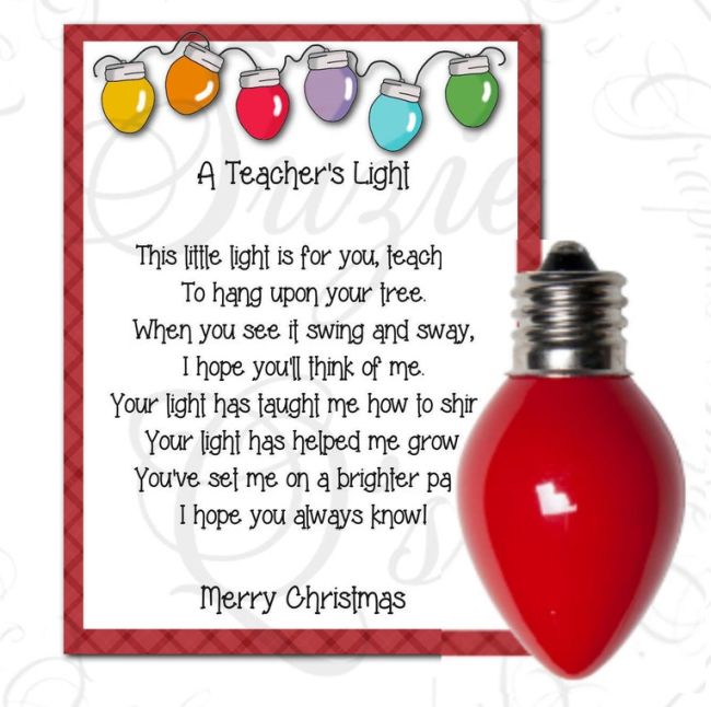 A Teacher's Light greeting card with poem and red Christmas light bulb