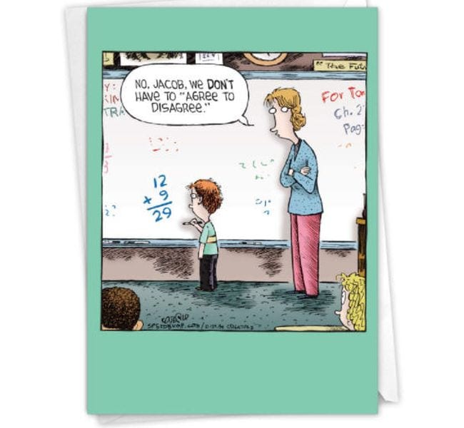 Thank you card showing student writing incorrect math problem and teacher saying "No, Jacob, we don't have to agree to disagree." (Cards for Teachers)