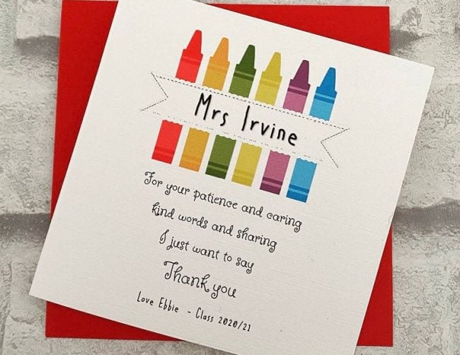 Teacher appreciation card with a crayon motif and short poem (Cards for Teachers)