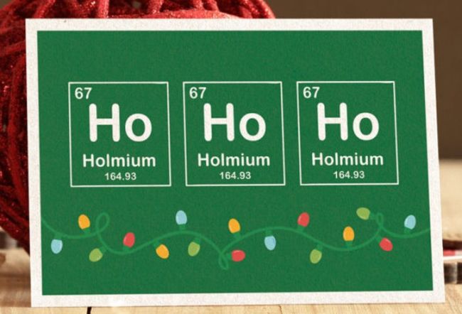 Card with the periodic table symbol for Holmium repeated three times to spell Ho Ho Ho (Cards for Teachers)
