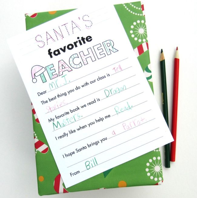 Santa's Favorite Teacher greeting card with fill-in-the-blank questions