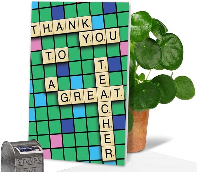 Greeting card picturing a Scrabble board saying Thank You To A Great Teacher (Cards for Teachers)