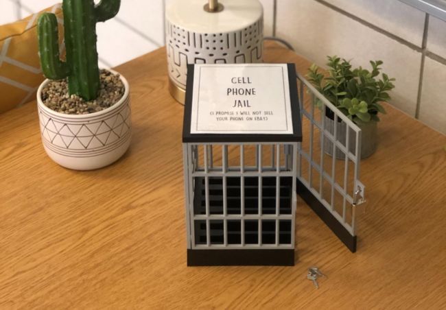 Small locking cell phone jail on a desk with plants