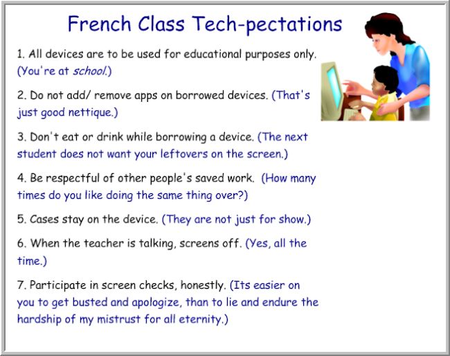 Infographic called French Class Tech-pectations with policies for using cell phones in class