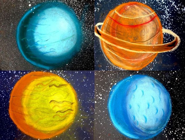 Four different planets are shown drawn on black backgrounds in this easy art project for kids.