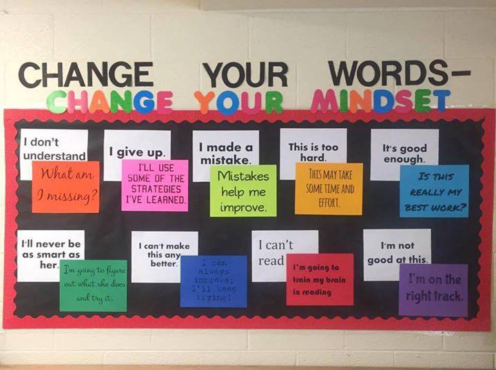 Text reads change your words, change your mindset.  Black and white pieces of paper have a negative phrase.  A bright colored piece of paper covers each one with a more positive alternative written on it.