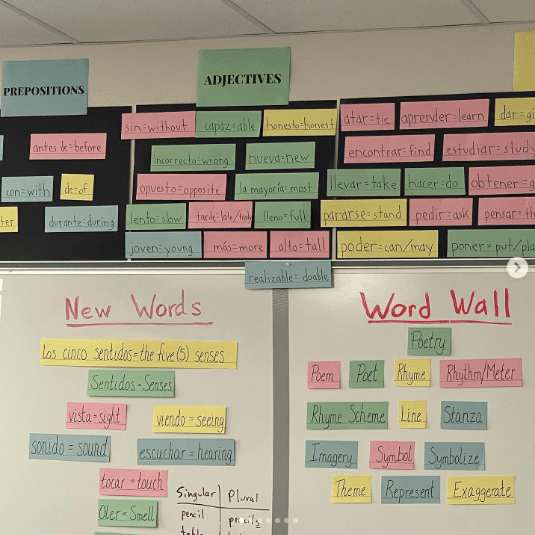 a classroom wall covered with different word walls