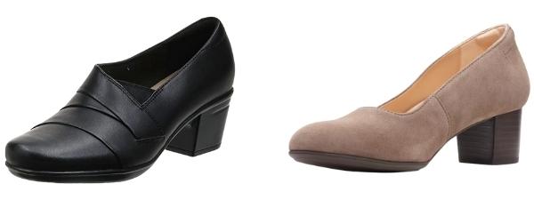 Clarks black Emslie Warbler pumps and brown Linnae Pump