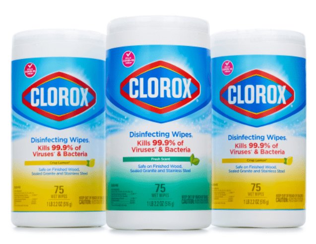 Three containers of Clorox wipes