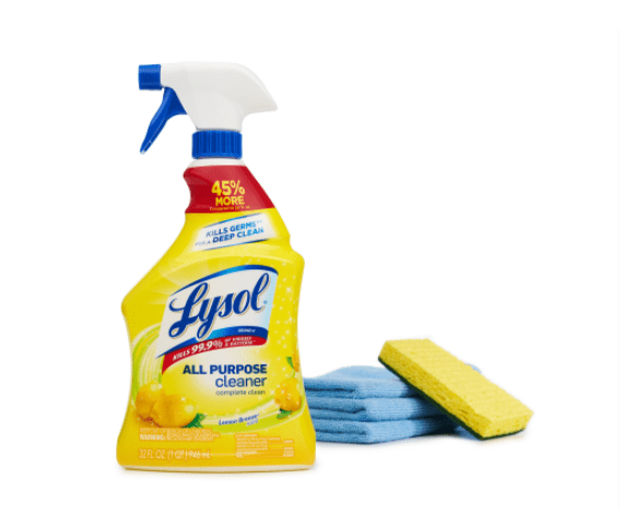 Lysol spray with sponge and microfiber towels, as an example of classroom cleaning supplies