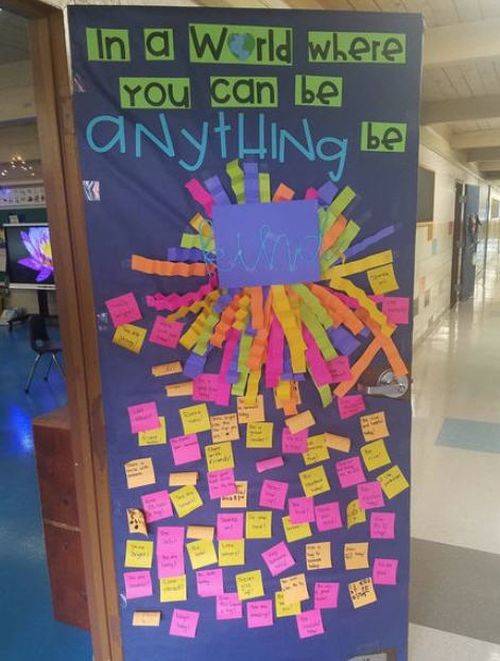 Classroom Door reading In a world where you can be anything, be kind. Yellow and pink sticky notes on the door offer ideas for how to show kindness.
