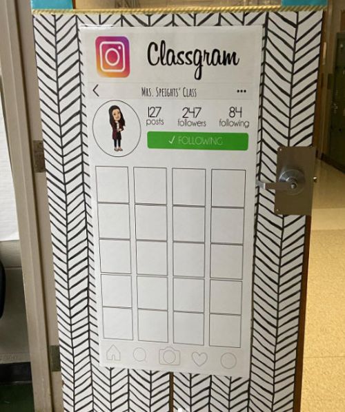 Classgram classroom door made to look like an instagram page with room for photos to be added