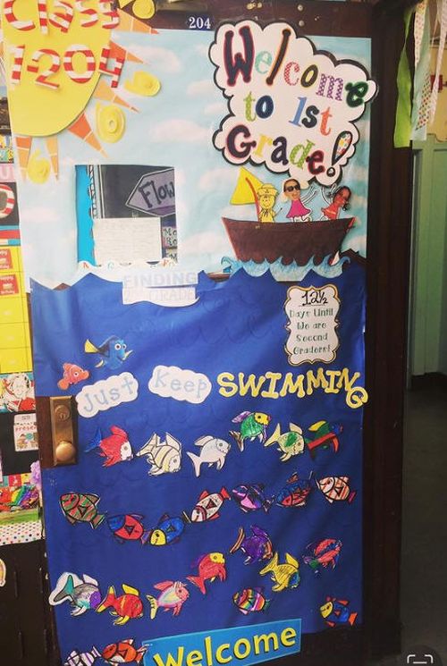 Welcome to 1st Grade classroom door with a fish theme and text that reads Just Keep Swimming!