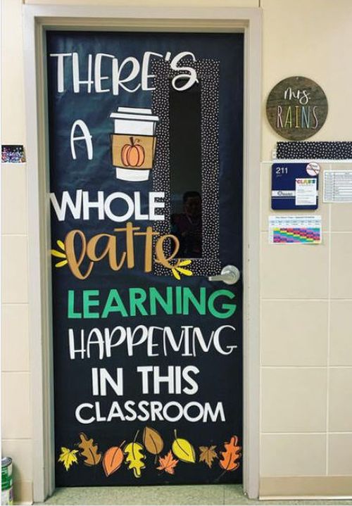 There's a whole latte learning happening in this classroom door decor with a latte cup