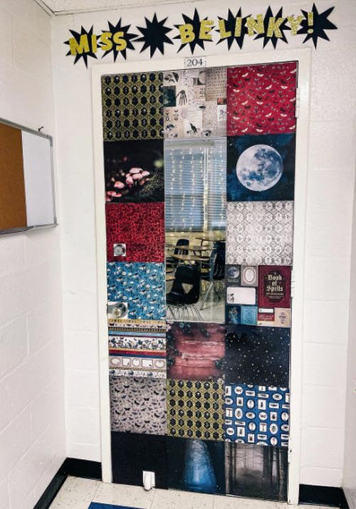 A classroom door covered in random pieces of scrapbook paper