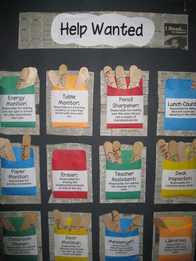 classroom job chart that looks like a newspaper want ad, as an example of social emotional learning activities