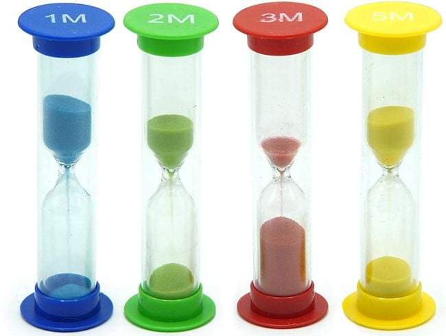 Blue, green, red, and yellow sand timers for 1, 3, 5, and 10 minutes