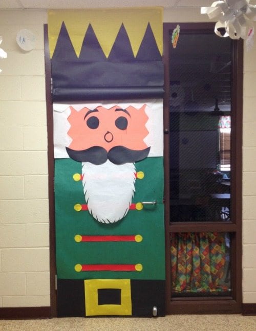 Classroom door decorated to look like a nutcracker (Winter Classroom Doors)