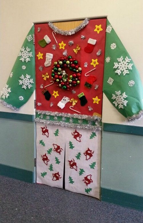 Classroom door decorated to look like an ugly Christmas sweater- holiday classroom doors