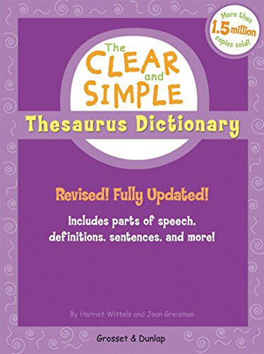 A purple book cover says The Clear and Simple Thesaurus Dictionary. Revised Fully Updated. 