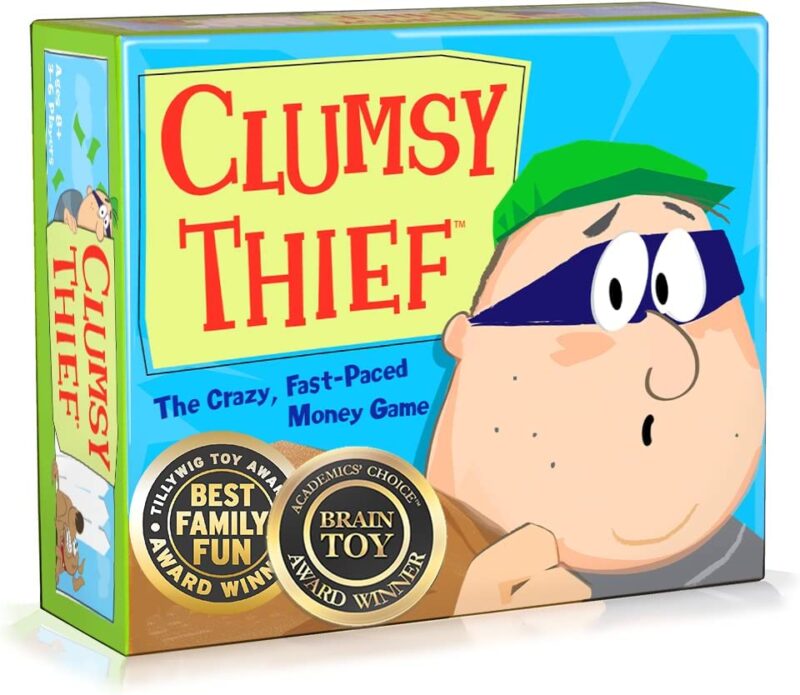 En una caja hay un ladrón de dibujos animados de aspecto preocupado y un texto de lectura. "ladrón torpe" (juegos de mesa de matemáticas)