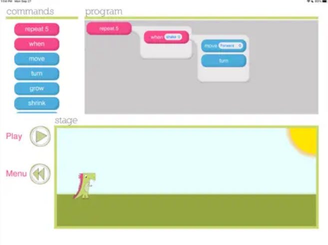 Screen shot from Daisy the Dinosaur coding app for kids