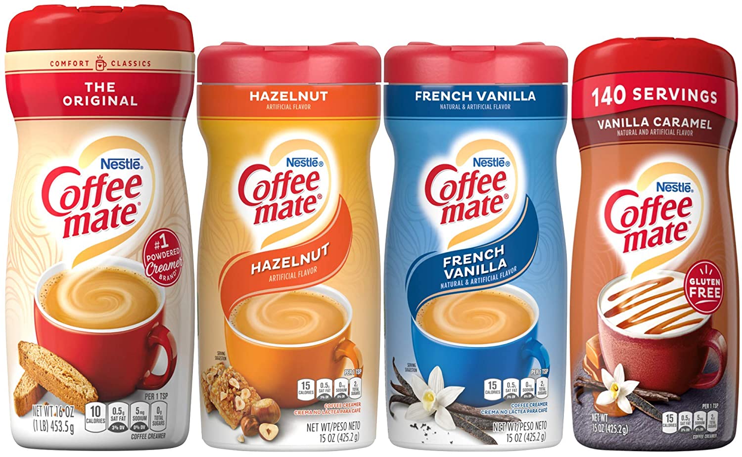 Four containers of Coffeemate flavored non-dairy creamer