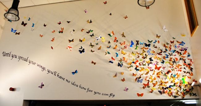 Collaborative Art Project of paper butterflies on a school wall