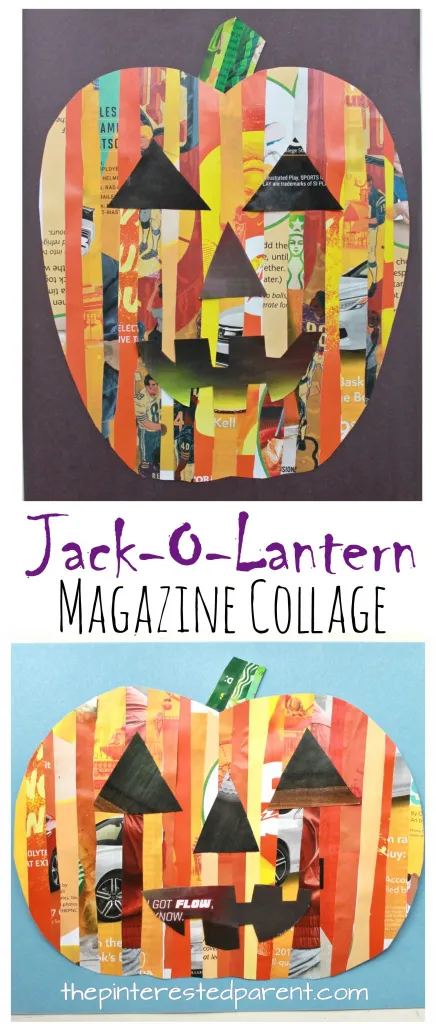 İki farklı Jack O' Lantern gösterilmektedir.  Yırtık dergi şeritlerinden yapılırlar. 