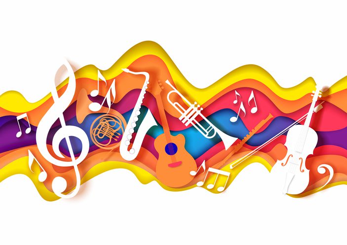 Illustration of waving colorful background with musical notes and instruments, as an example of SEL activities
