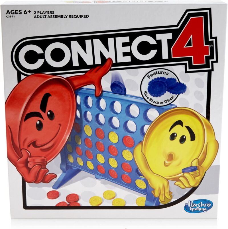 A box says Connect4 and shows a blue upright board with slots for yellow and red tokens. (educational board games)