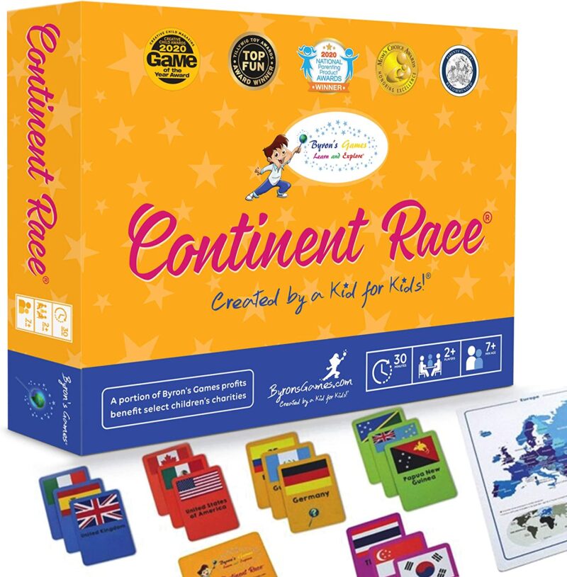 A yellow box says Continent Race. Several cards are laid out in front of the box. (educational board games)