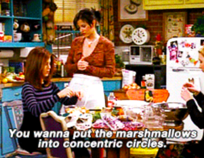 Monica Gellar giving instructions with text "You wanna put the marshmallows into concentric circles"