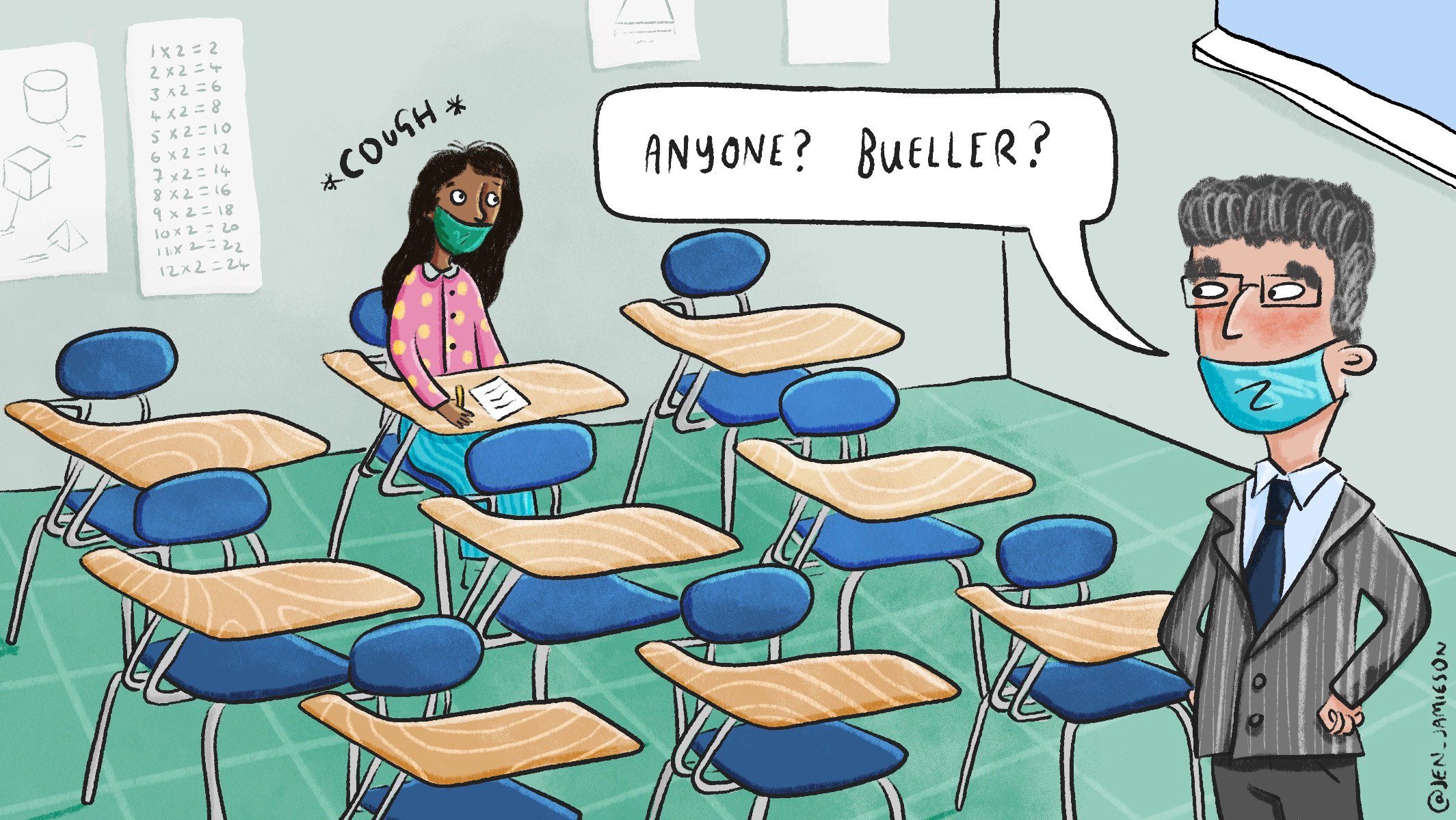 Teacher saying Anyone? Bueller? in front of mostly empty classroom