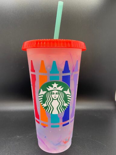 Custom Starbucks cup with crayon design and red lid
