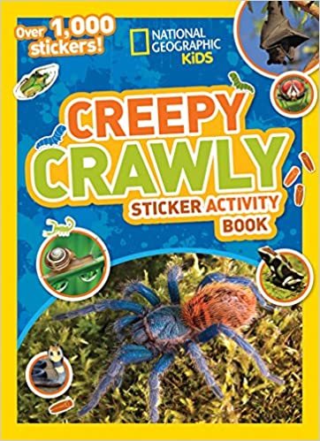 A book says Creepy Crawly Sticker Activity Book and has images of bugs on it.