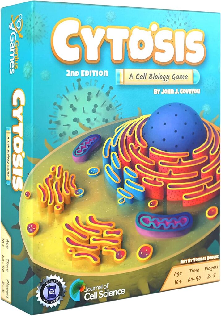 A box has biology diagrams on it and says Cytosis. 
